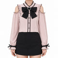 Off-Shoulder Ruffle Lolita Blouse with Heart Bow - AltBrat