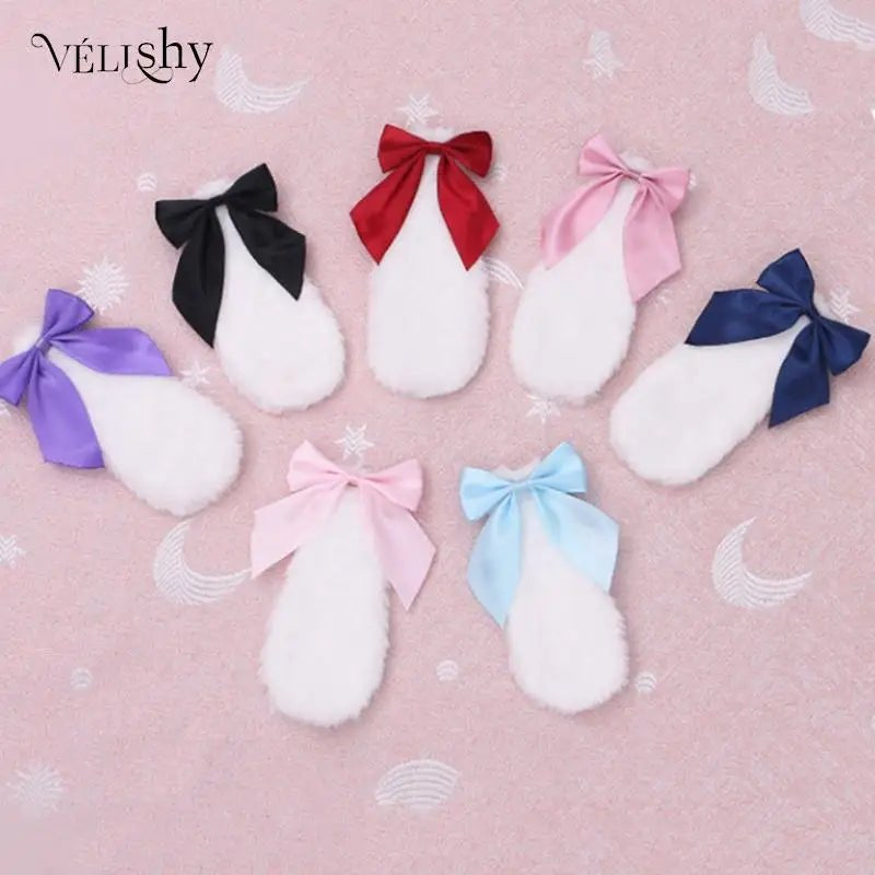 Kawaii Women Girls Hair Clip Cute Rabbit Bunny Plush Lop Ears Hairpin Candy Color Ribbon Bowknot Lolita Cosplay Hair Acc - AltBrat