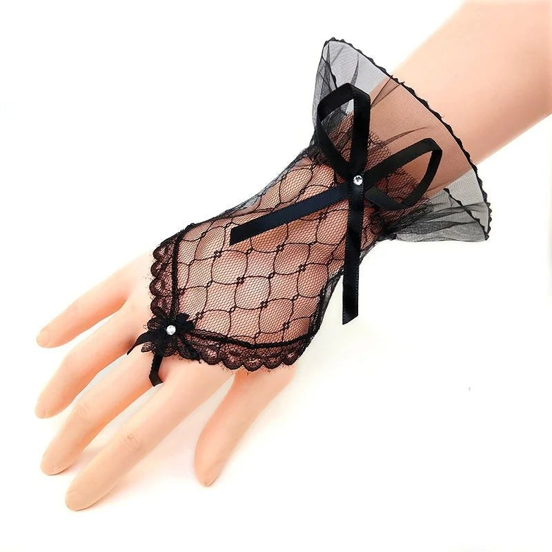 White Net Lace Fingerless Gloves with Ruffle Cuff - AltBrat