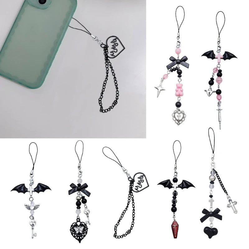 Goth Y2K Phone Charm Pendant Kawaii-Key Chain For Bag Accessory Women Guitar Strap Lanyard Beaded Keychain Pendant - AltBrat