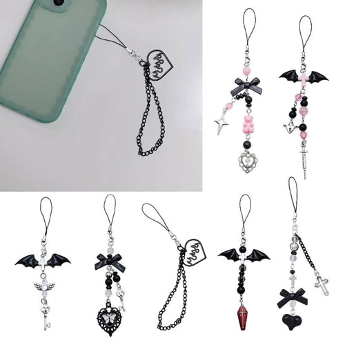 Goth Y2K Phone Charm Pendant Kawaii-Key Chain For Bag Accessory Women Guitar Strap Lanyard Beaded Keychain Pendant - AltBrat