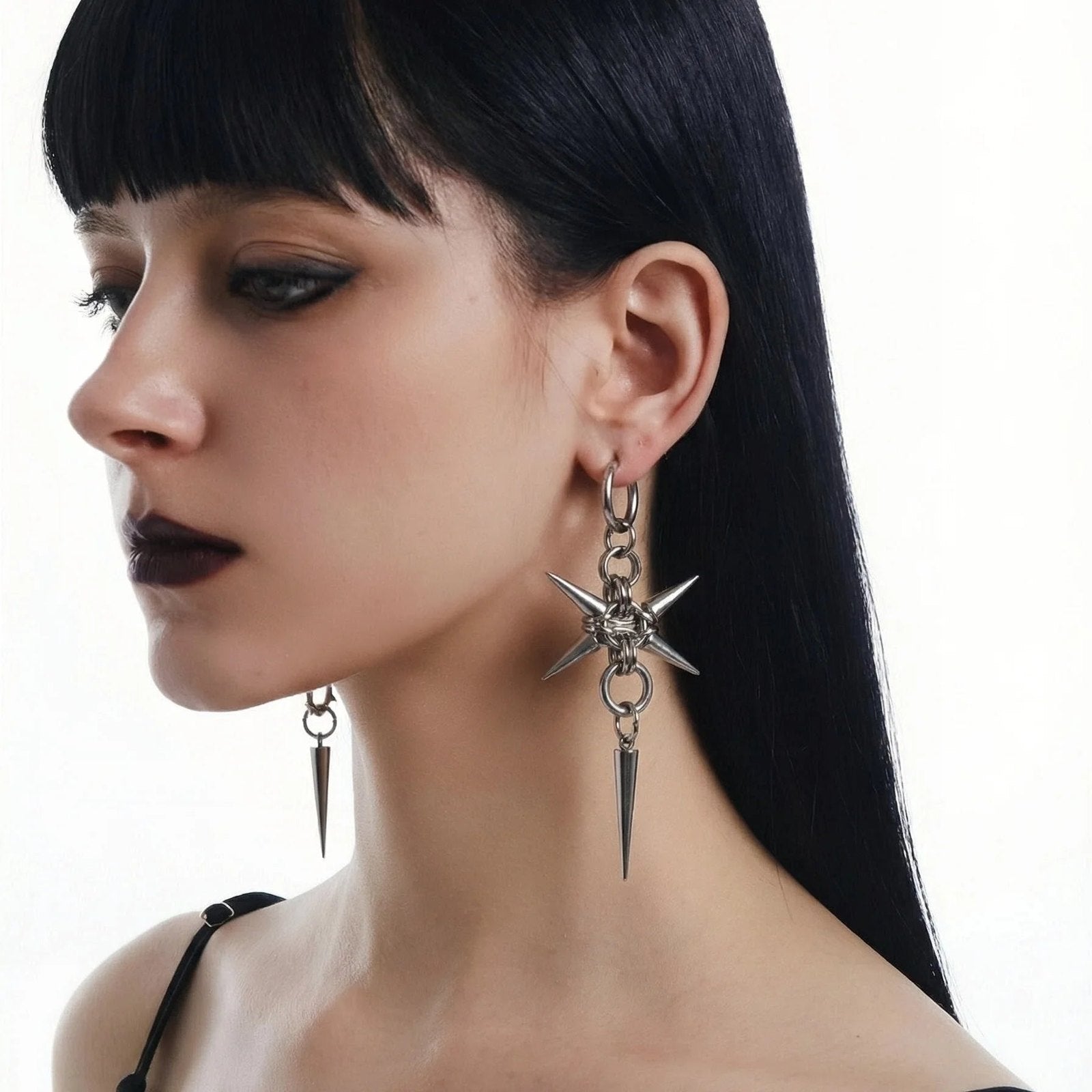 Gothic Stainless Steel Hoops Spike Piercing Long Dangle Earrings Handmade Punk y2k Chainmail Rivet Drop Earrings Rock Je - AltBrat