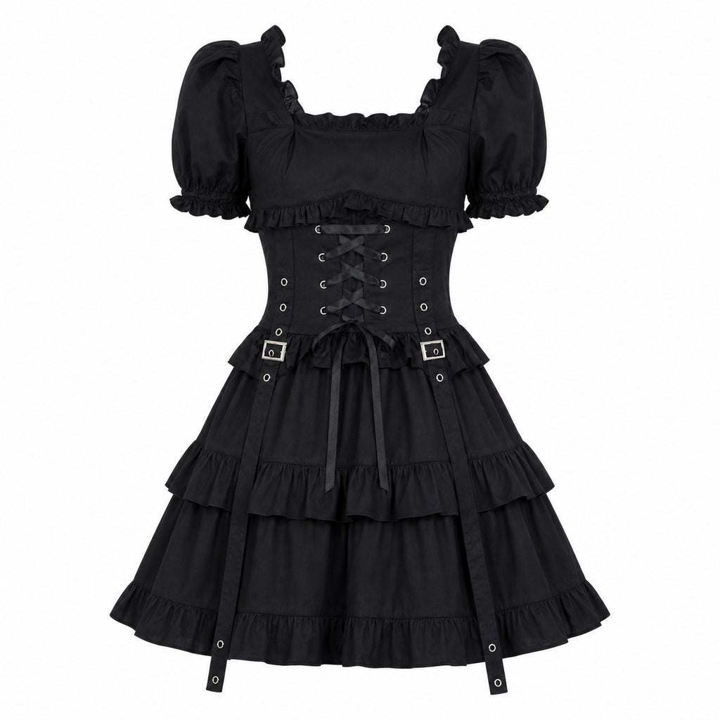 Gothic Lolita Ruffle Lace-Up Dress - AltBrat