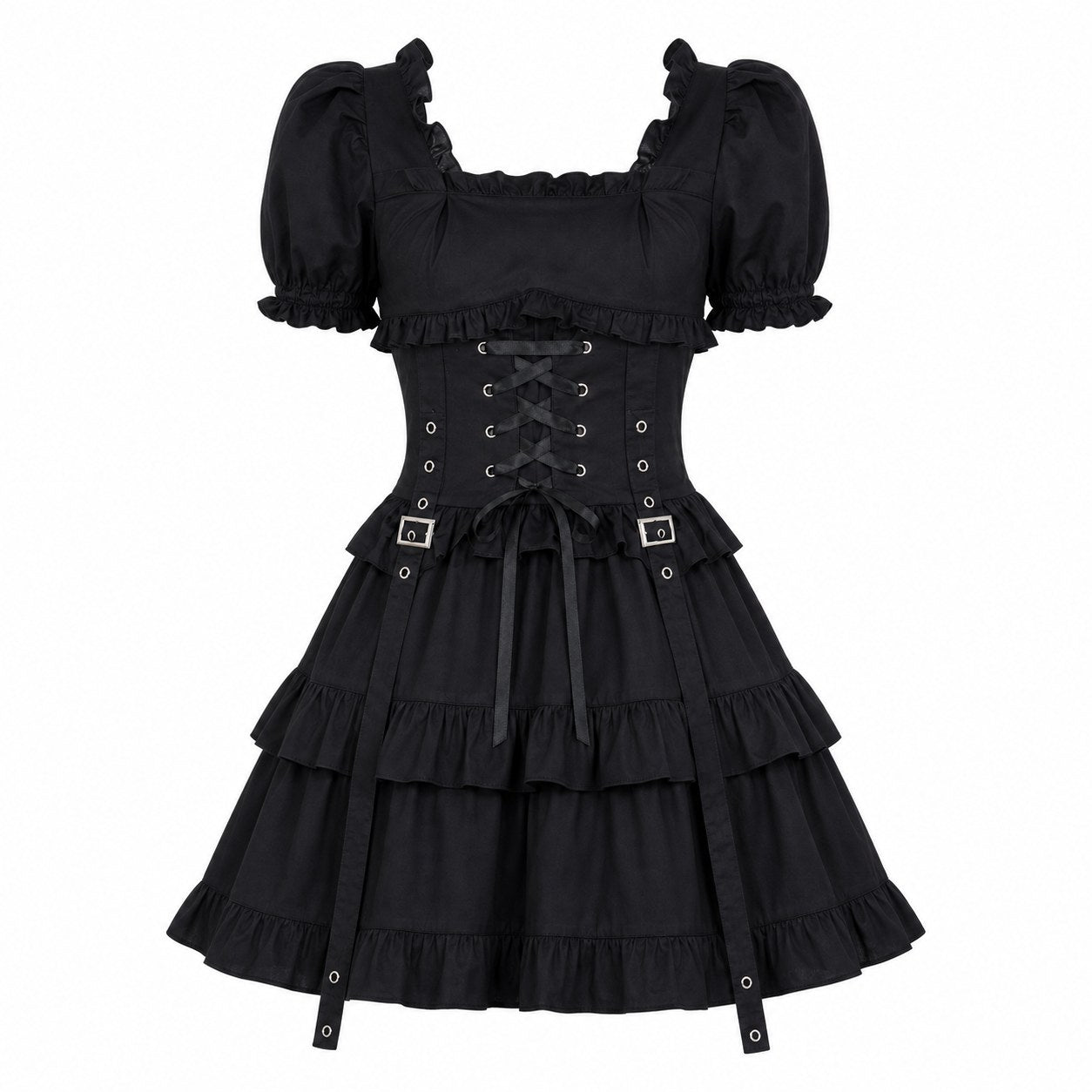 Gothic Lolita Ruffle Lace-Up Dress - AltBrat