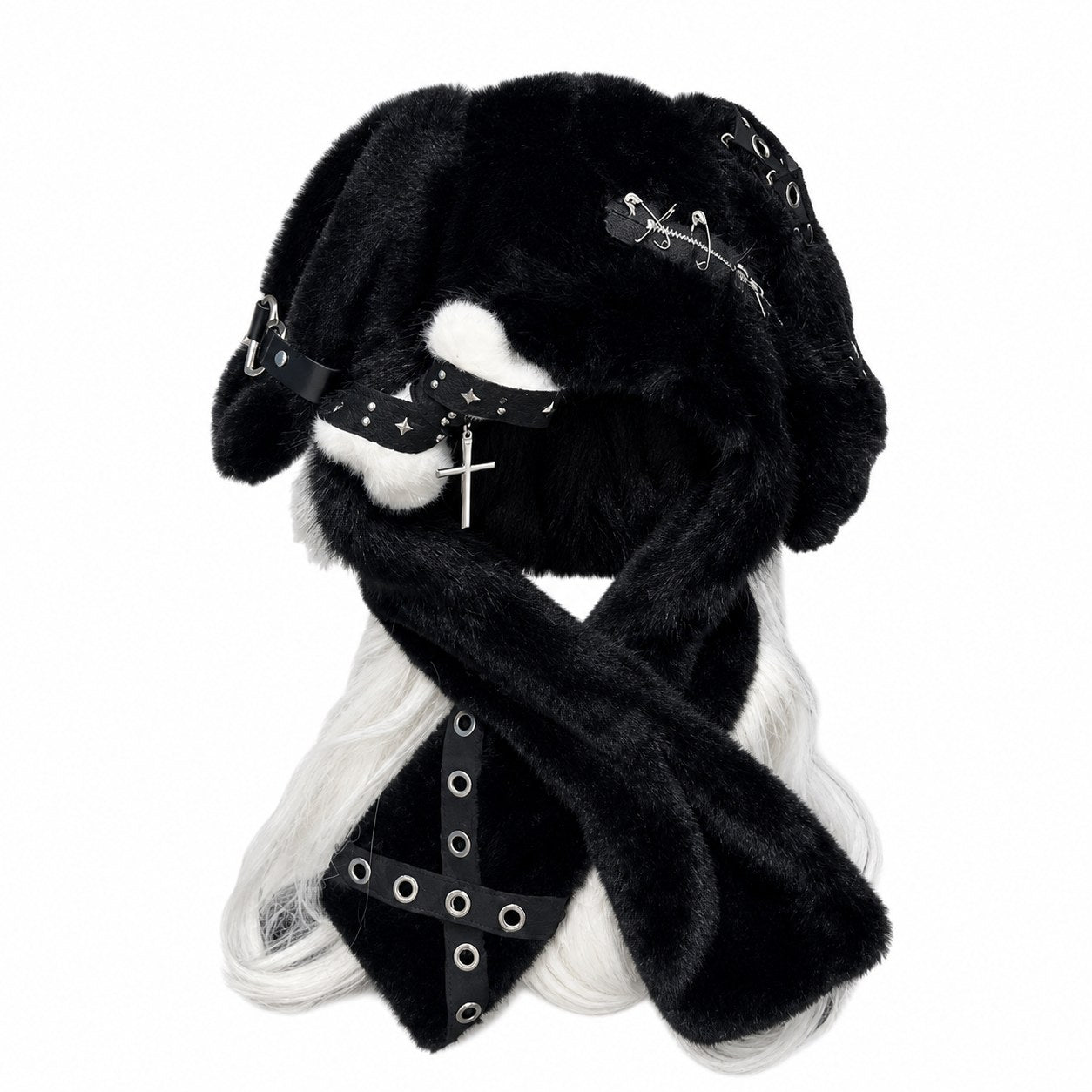 Furry Bunny Ear Hat with Star Band & Cross - AltBrat