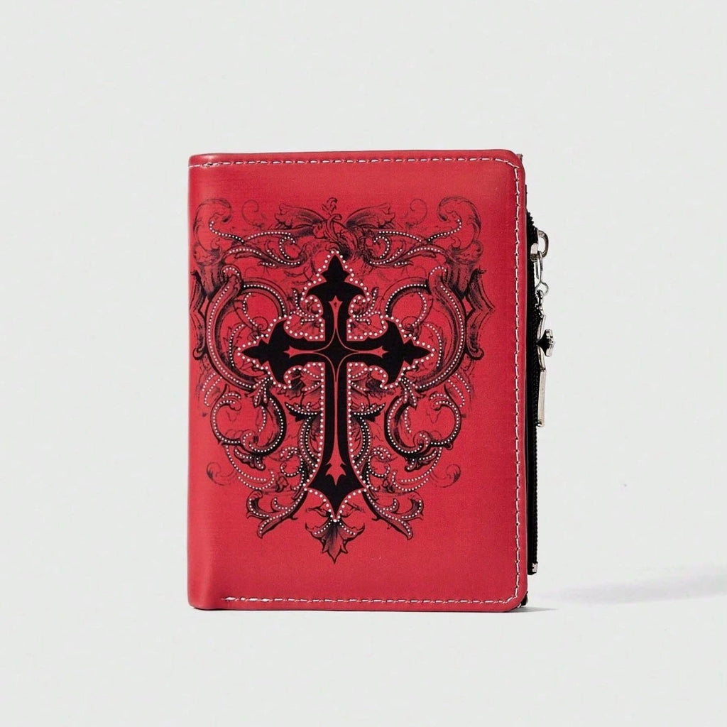 Gothic Red Unisex Wallet, Punk Cross Pattern Design, Zipper Coin Purse & Fashion Card Holder for Casual Daily Use - AltBrat