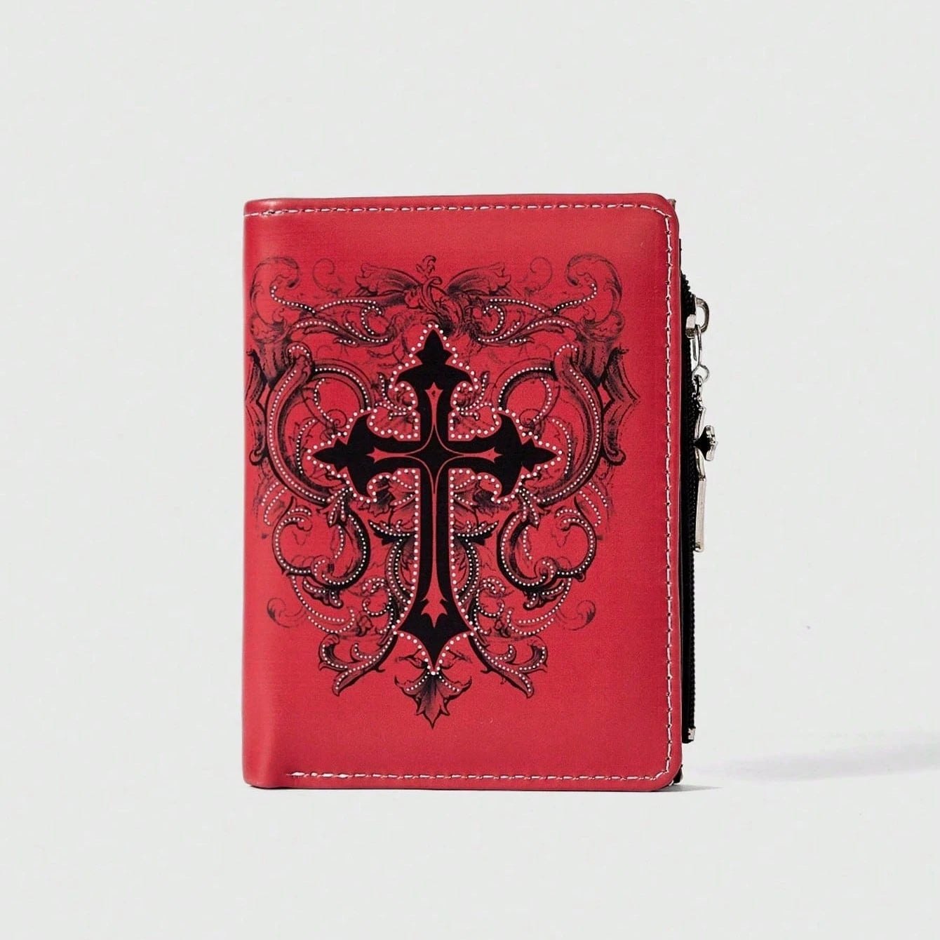 Gothic Red Unisex Wallet, Punk Cross Pattern Design, Zipper Coin Purse & Fashion Card Holder for Casual Daily Use - AltBrat