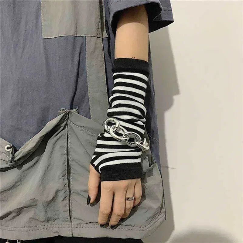 Striped Long Fingerless Arm Warmers (Multi-Colour) - AltBrat