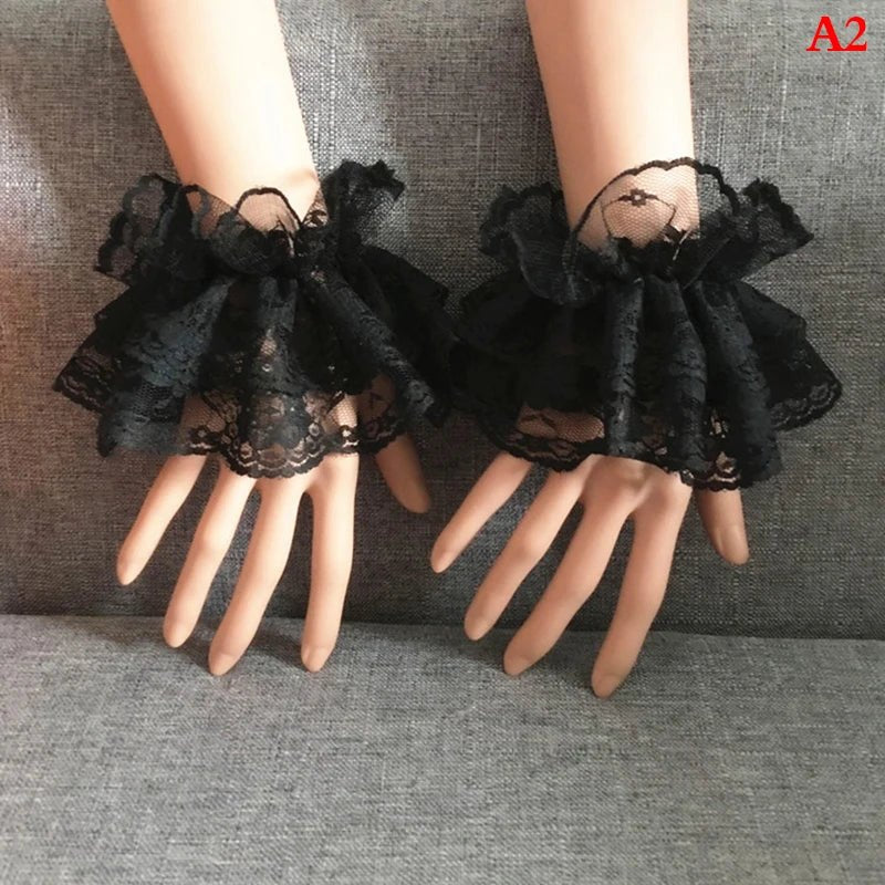 Lolita Hand Sleeve Wrist Cuffs Ruffled Floral Black Lace Elastic Bracelet Elegant Ladies Short Lace Gloves Halloween - AltBrat