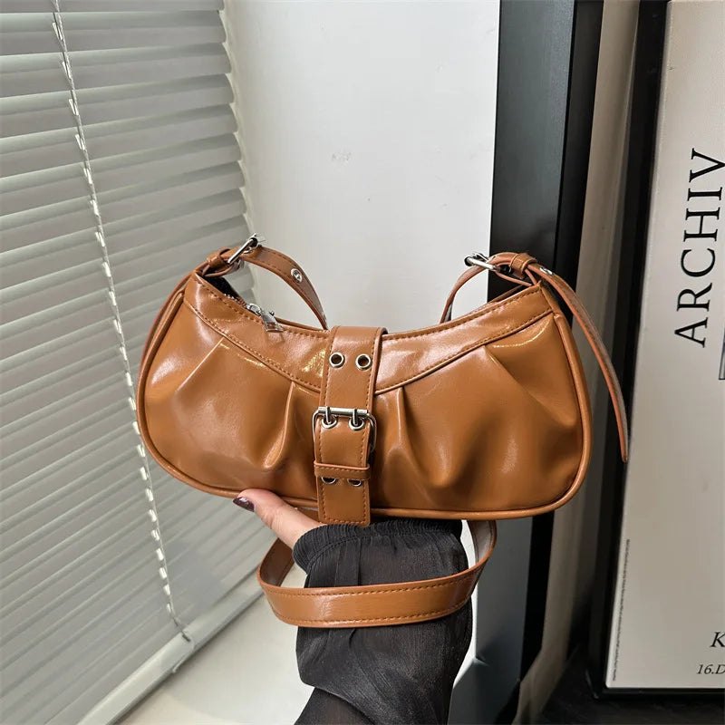 Retro Designer Buckle Armpit Bag Pu Leather Gothic Y2k Shoulder Bag Vintage Cross Body Spicy Girl Handbag Female Purses  - AltBrat