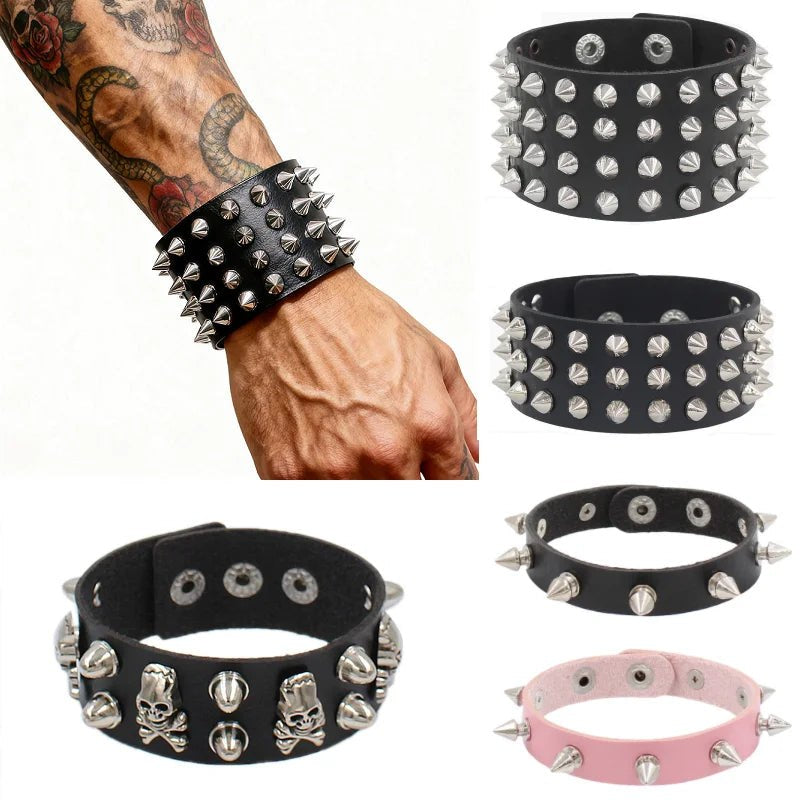 Cool Gothic PU Leather Studded Bracelet Adjustable Punk Goth Cuff Spike Bracelet Gothic Rivet Wristband for Men Women - AltBrat