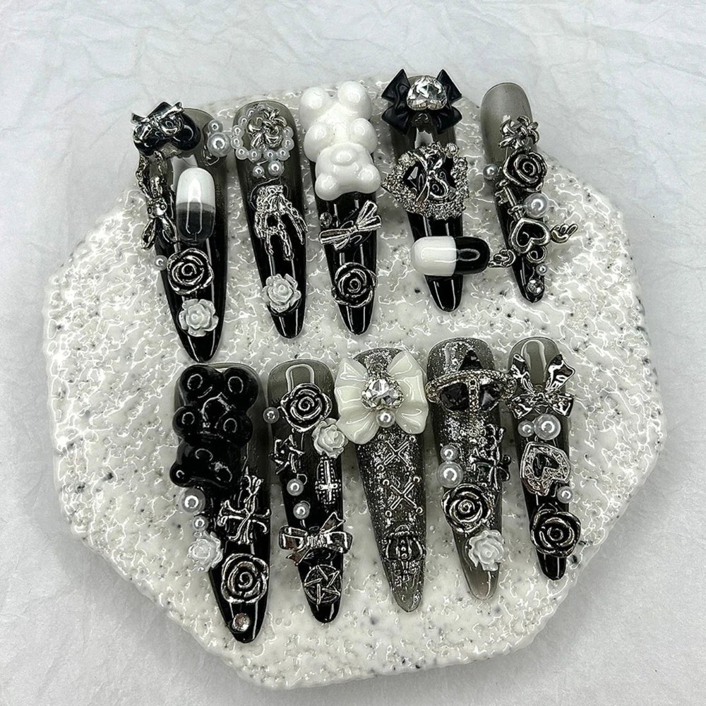 Cute Japanese Dark Jirai Long Tip Handmade Press On Nails Y2K Shibuya Spice Girl Fake Nails Bow Bear Rose Cross Glitter  - AltBrat