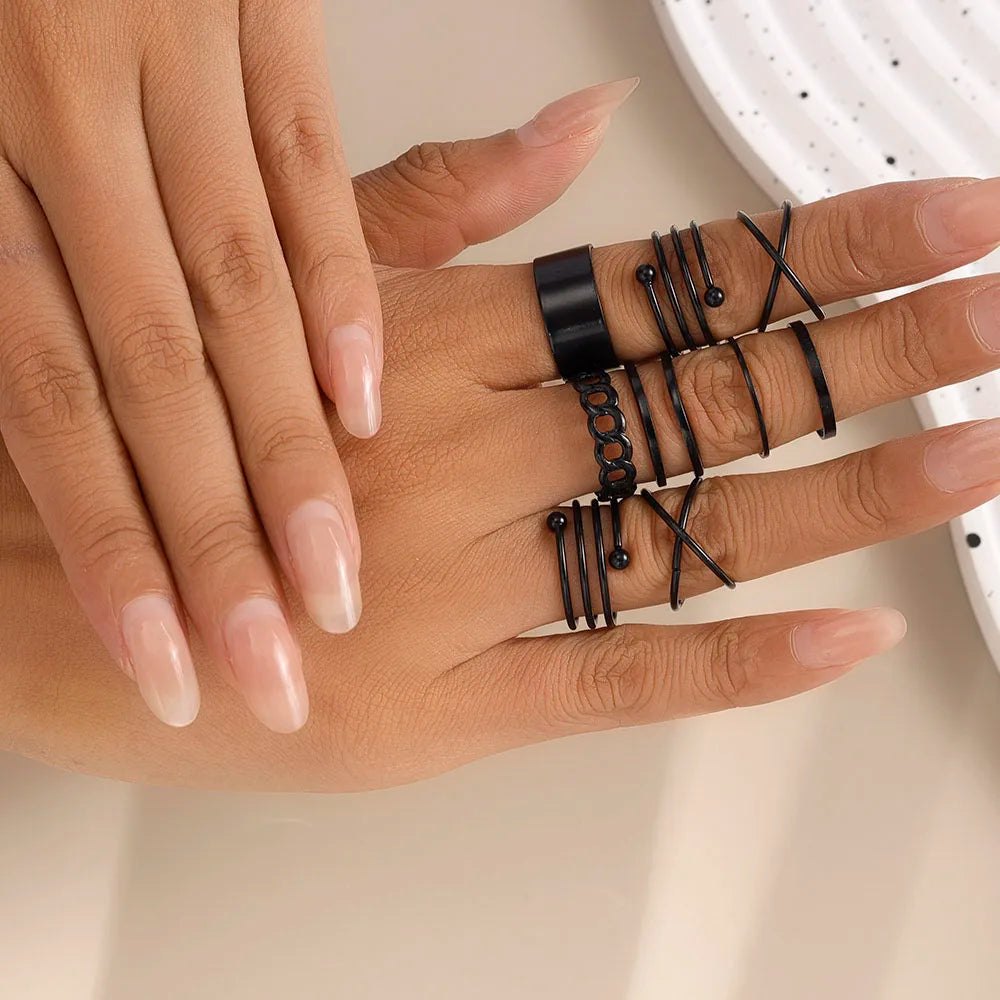 Aihua Punk Black Hollow Round Finger Rings for Women Men Vintage Gothic Geometric Cross Finger Ring Set Party Jewelry Gi - AltBrat