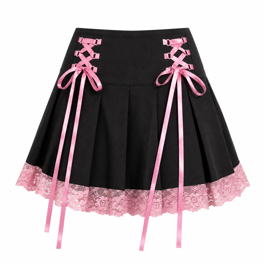 Lace-Up Pleated Skirt with Lace Hem product