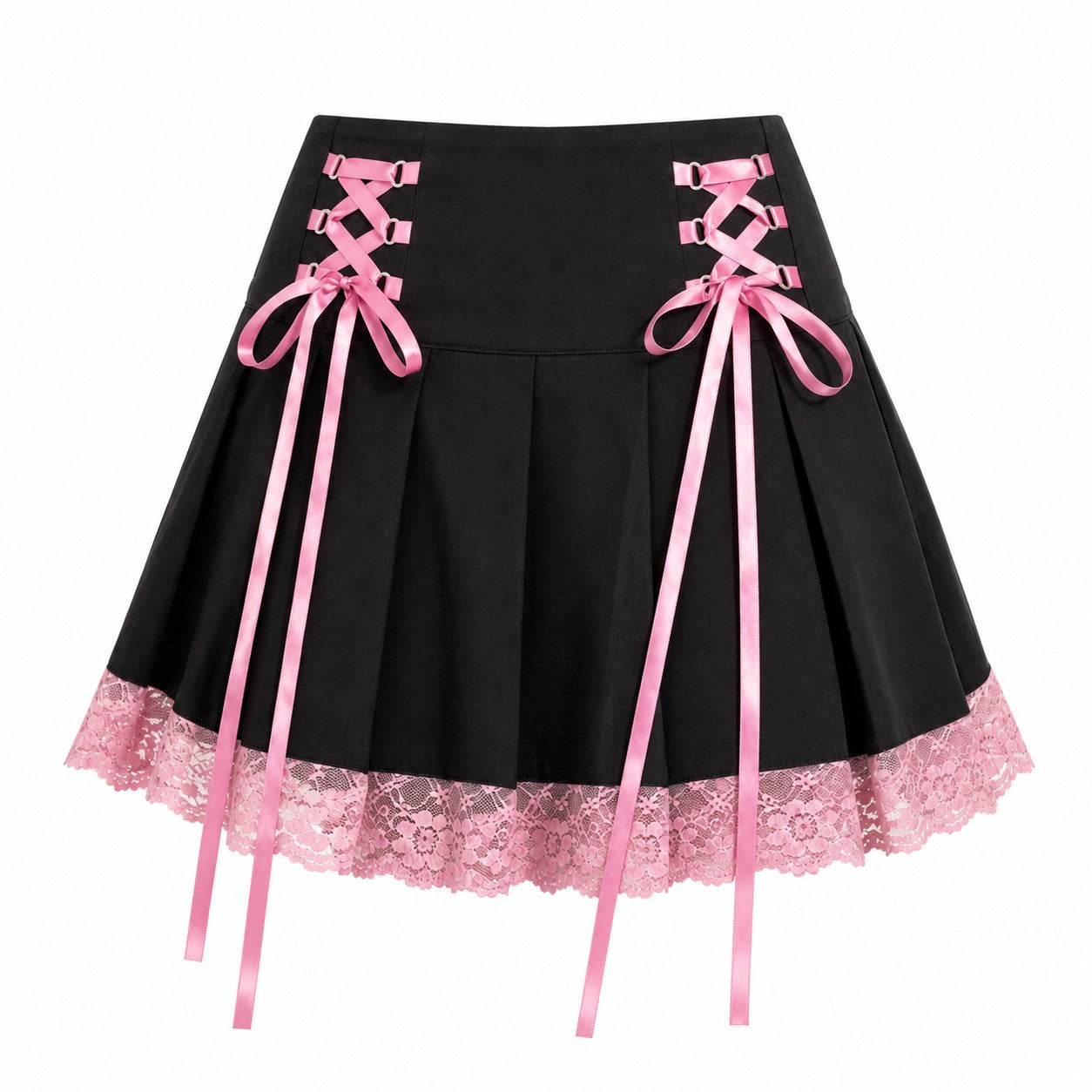 Lace-Up Pleated Skirt with Lace Hem product