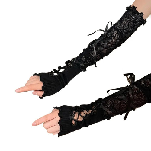 Women Lace Fingerless Gloves Black Gothic DIY Strapping Sunscreen Sleeve Clothing Accessories Elastic Mesh Punk Gloves - AltBrat