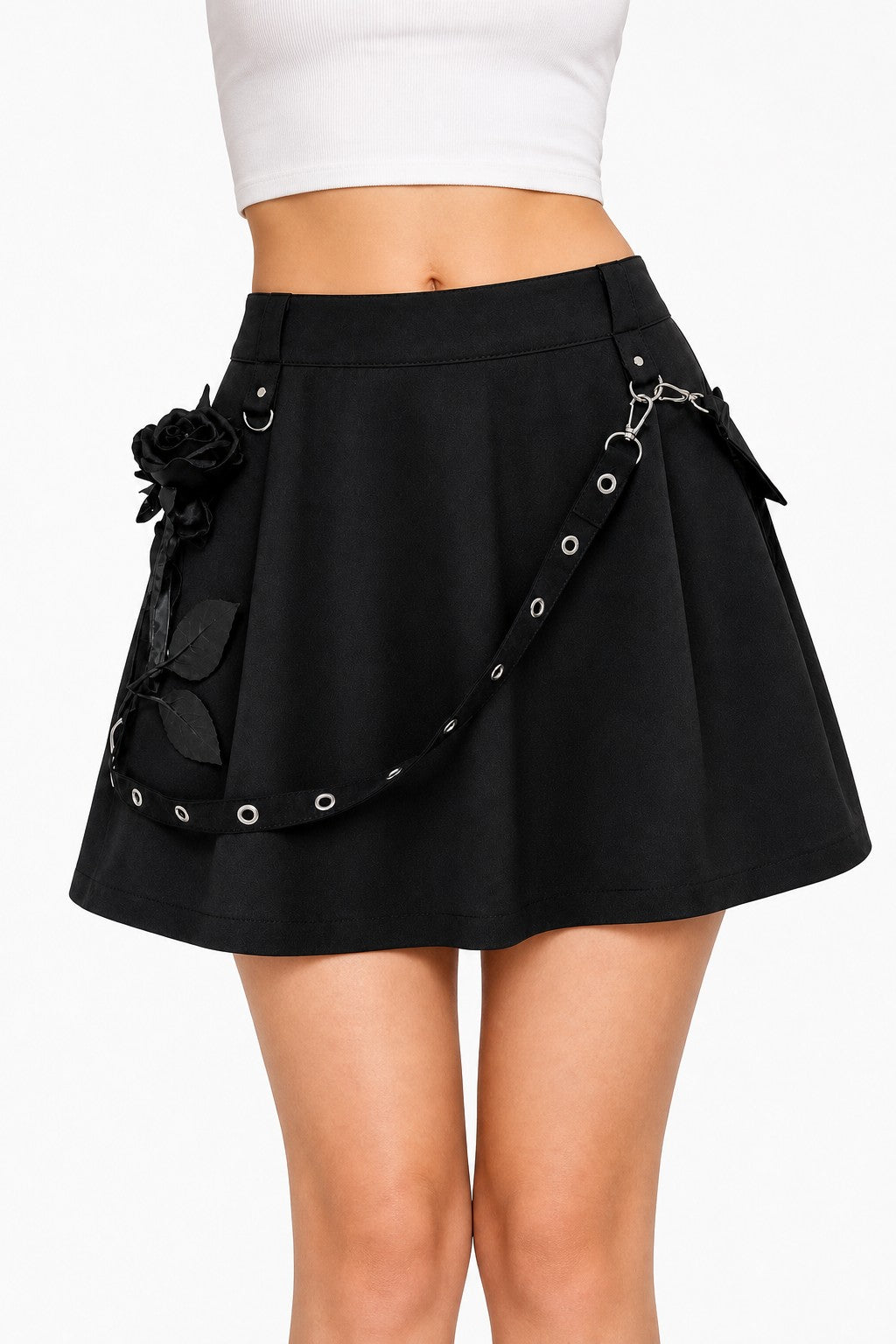 Black Pleated Skirt with Grommet Belt & Rose - AltBrat