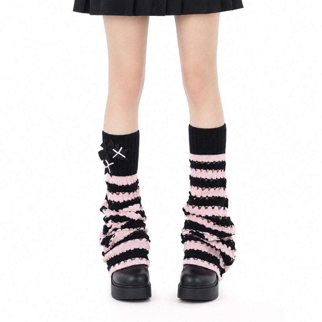 Striped Open-Knit Flare Leg Warmers with Bow - AltBrat