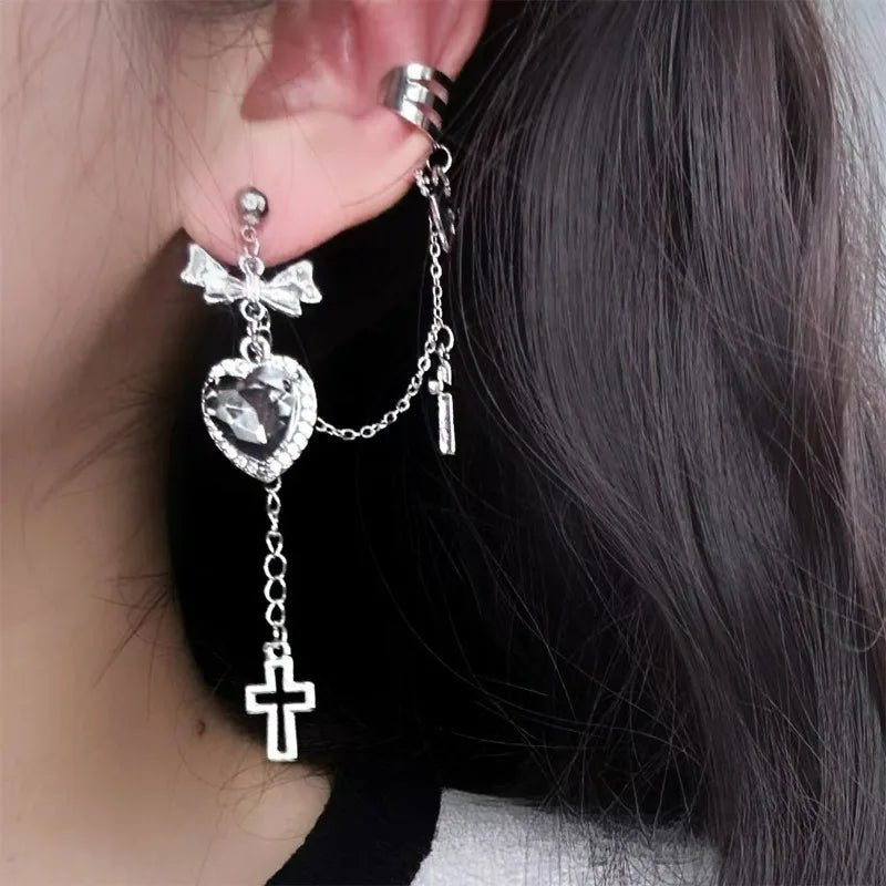 1/2Pcs Punk Black Crystal Heart Earrings Women Men Hip Hop One Piece Ear Bone Clips Bow Pendant Ear Studs Jewelry Gift E - AltBrat