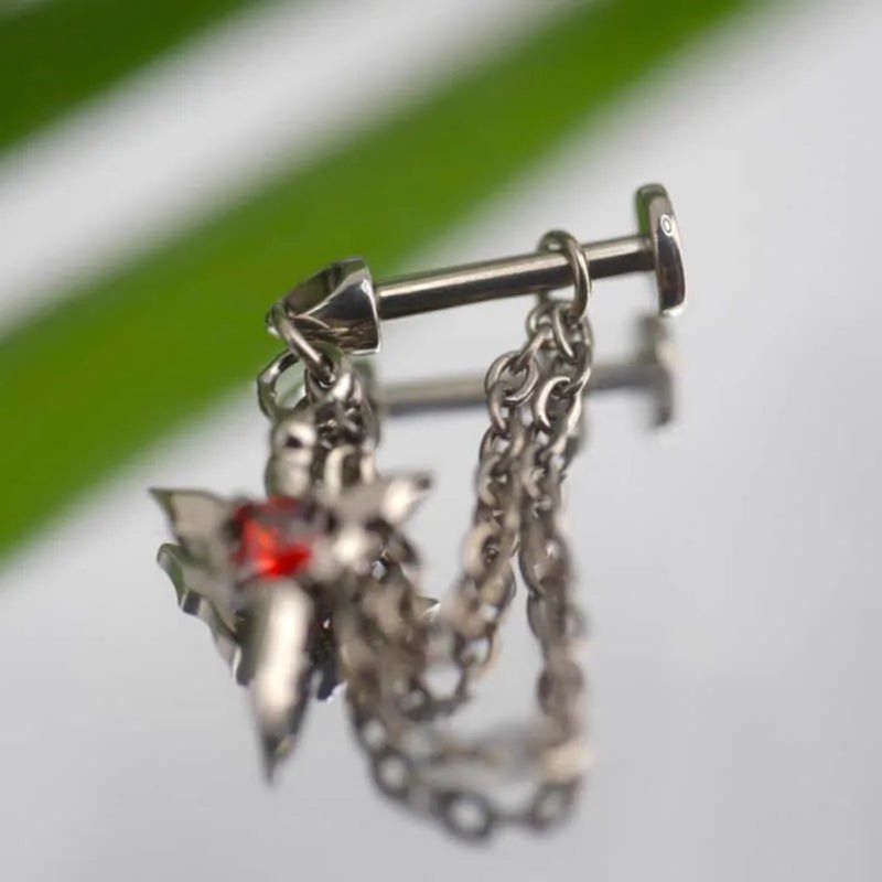 Stainless Steel Red Zircon Wing Chain Piercing Earring for Women Men Gothic Silver Color Rivet Ear Bone Nail Earring Y2K - AltBrat
