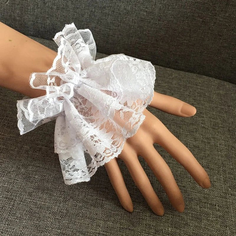 Lolita Hand Sleeve Wrist Cuffs Ruffled Floral Black Lace Elastic Bracelet Elegant Ladies Short Lace Gloves Halloween - AltBrat