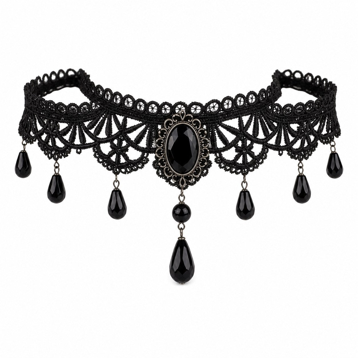 Black Lace Choker with Gem Teardrops - AltBrat