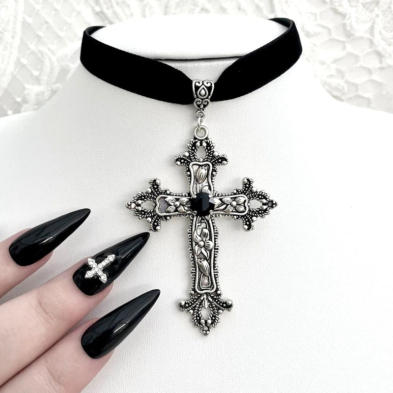 Velvet Choker with Ornate Gothic Cross Pendant