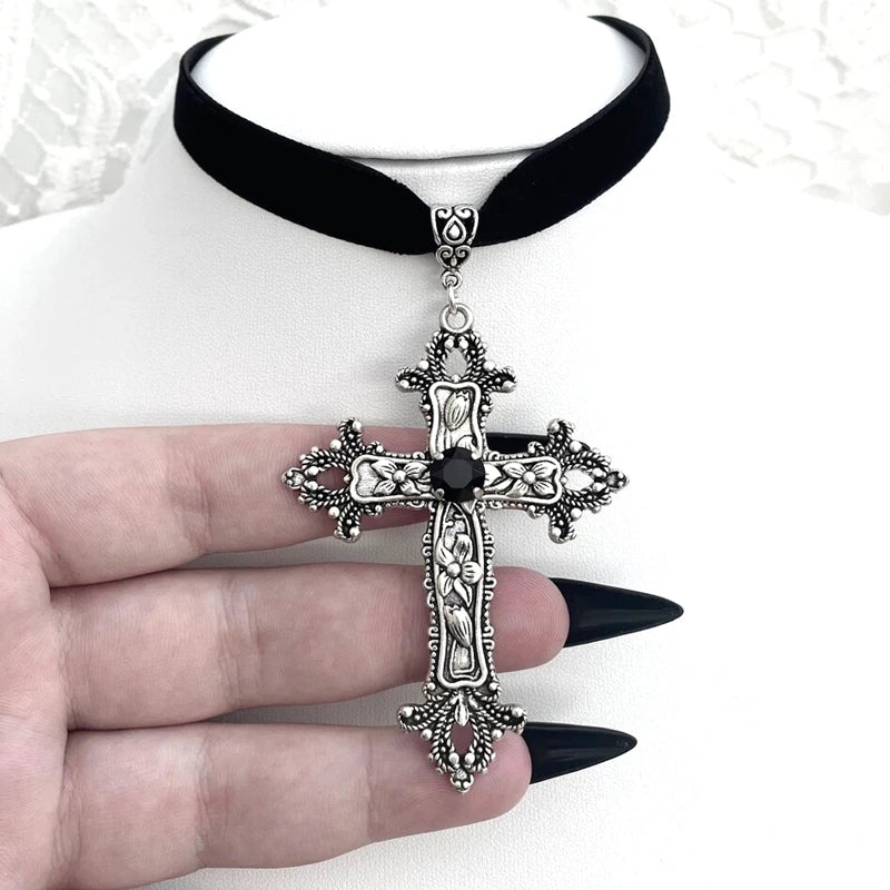 Velvet Choker with Ornate Gothic Cross Pendant