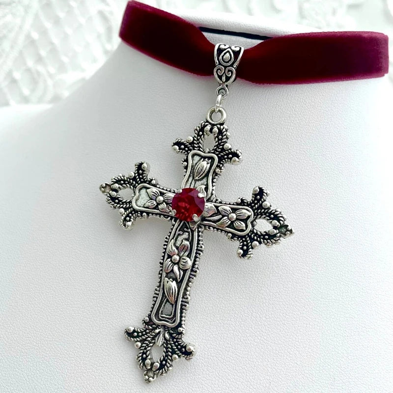 Velvet Choker with Ornate Gothic Cross Pendant