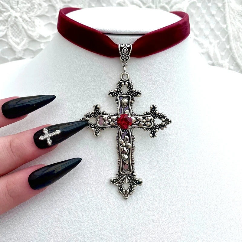 Velvet Choker with Ornate Gothic Cross Pendant