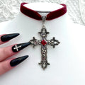 Velvet Choker with Ornate Gothic Cross Pendant