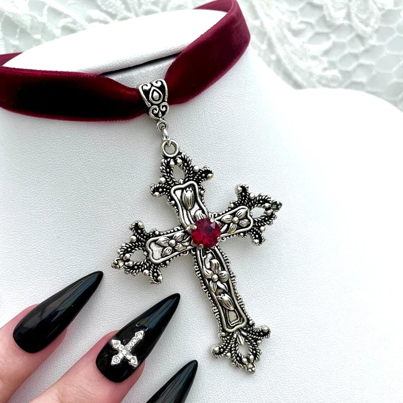 Velvet Choker with Ornate Gothic Cross Pendant