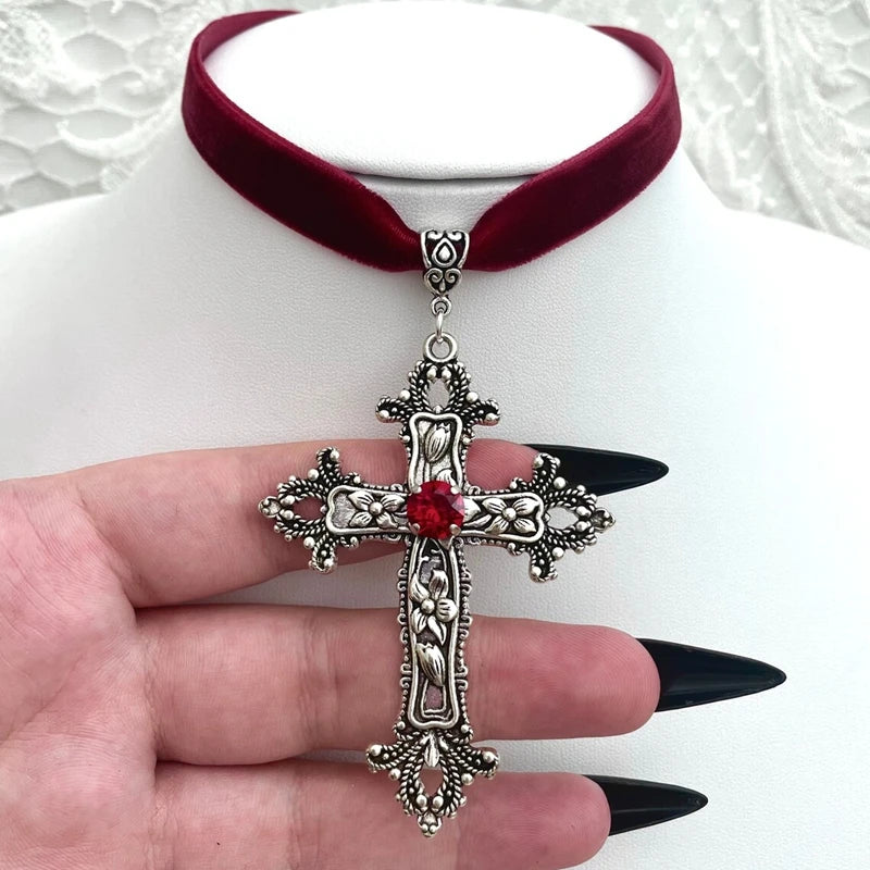 Velvet Choker with Ornate Gothic Cross Pendant