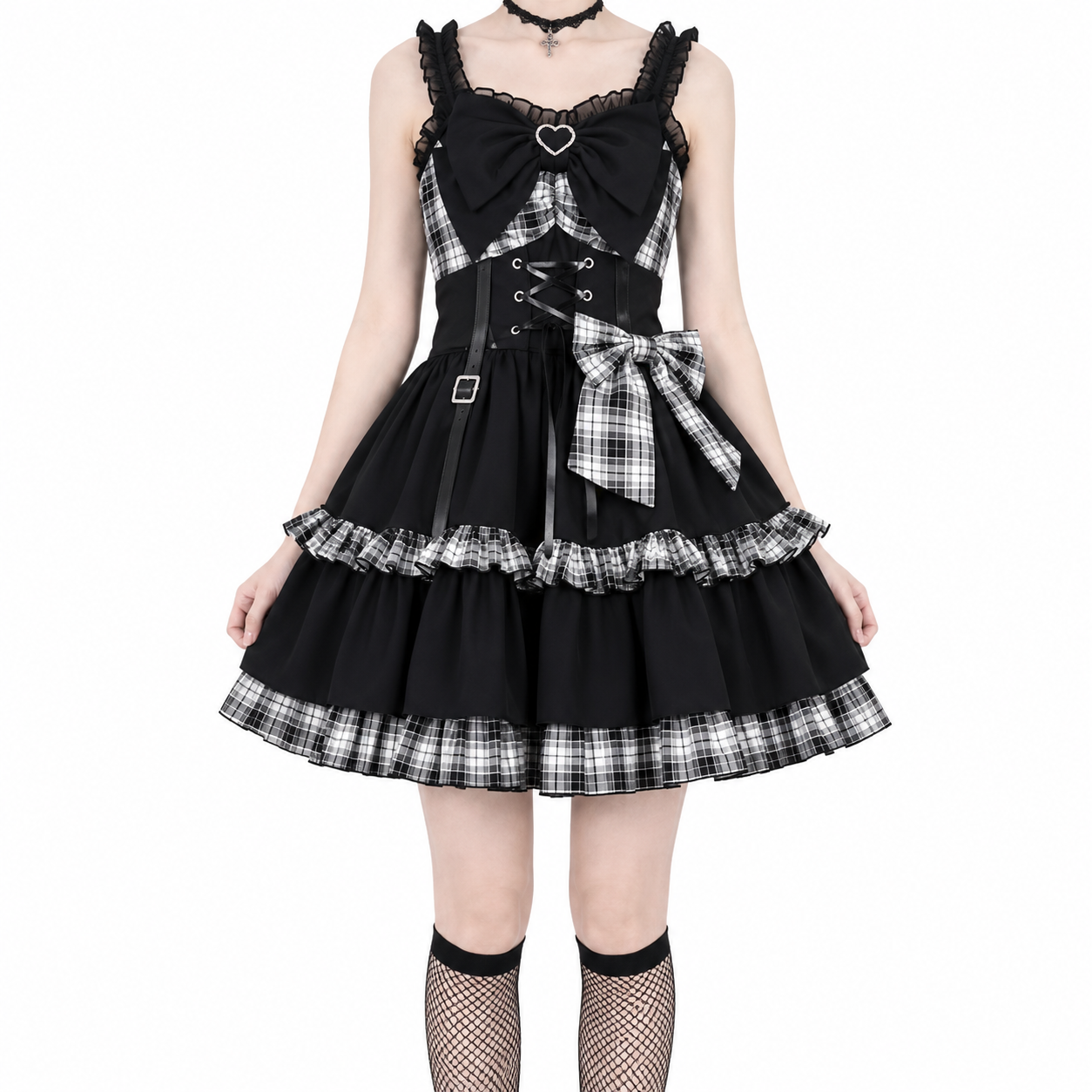 Plaid Lace-Up Heart Bow Lolita Dress