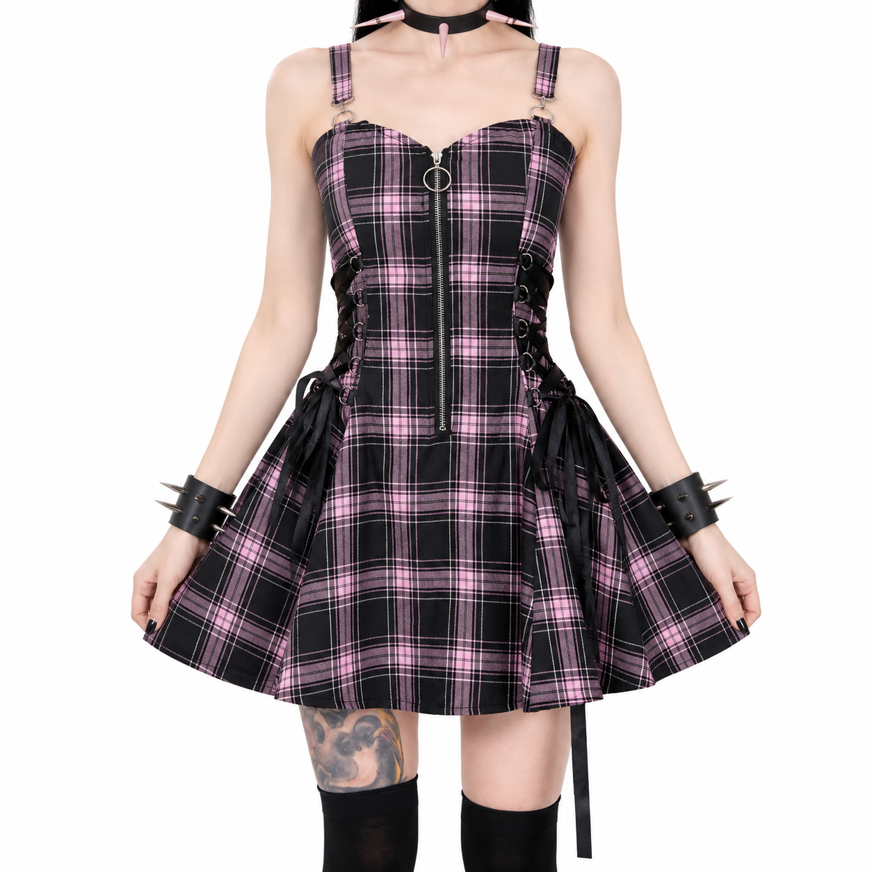 Kh21080 Plaid Drawstring Zipper Dress