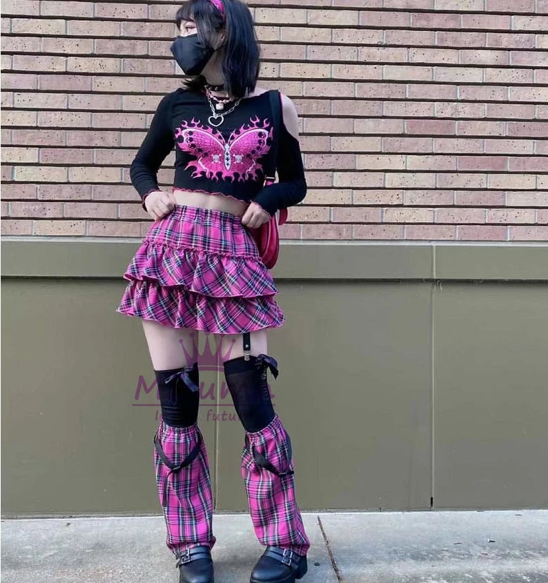 Rose Red Plaid Tiered Ruffle Mini Skirt