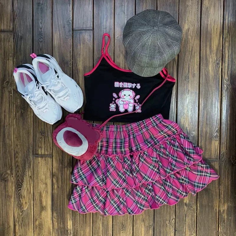 Rose Red Plaid Tiered Ruffle Mini Skirt