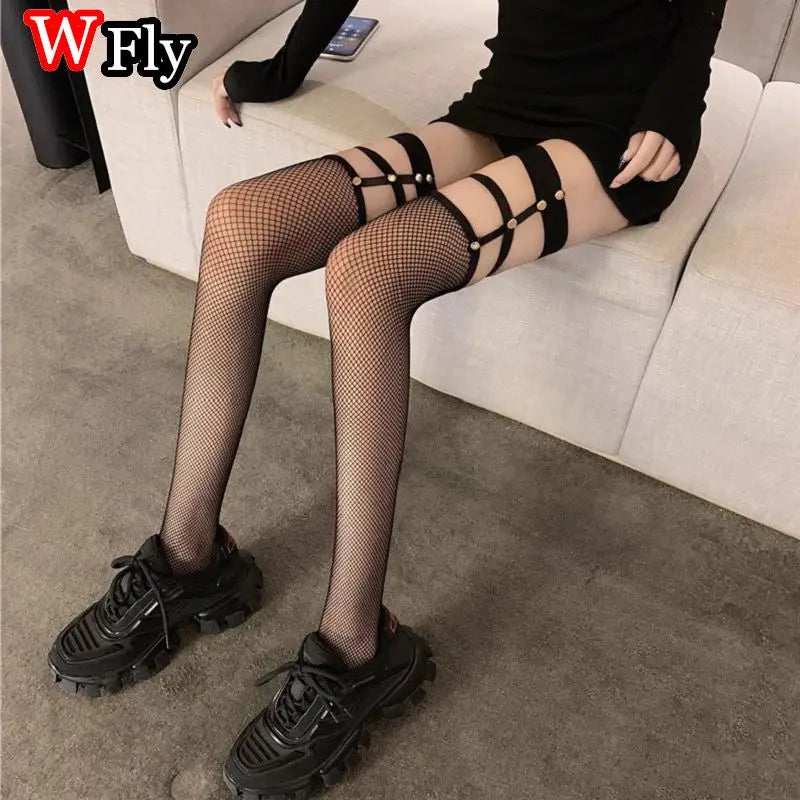 Fishnet Flare Leg Warmers with Heart Buckles