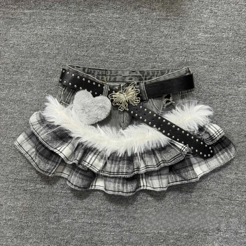 Grey Plaid Denim Ruffle Skirt with Fur Trim