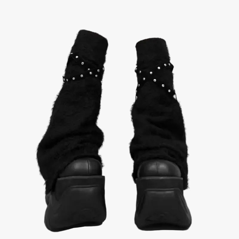Fuzzy Knit Leg Warmers with Studded Straps