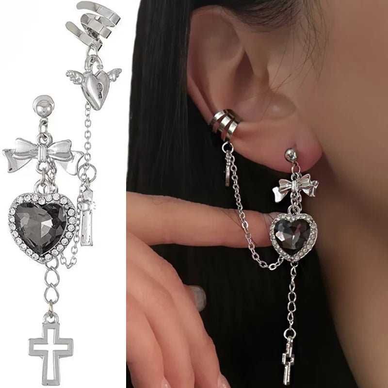 Punk Gothic Black Crystal Heart Cross Chain Earring for Men Women Hip Hop Metal Cross Ear Clip on Earrings Girls Jewelry Gifts