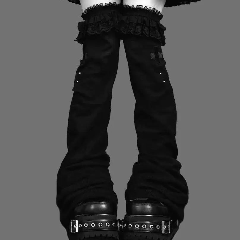 Lace Flare Leg Warmers with Cross Studs