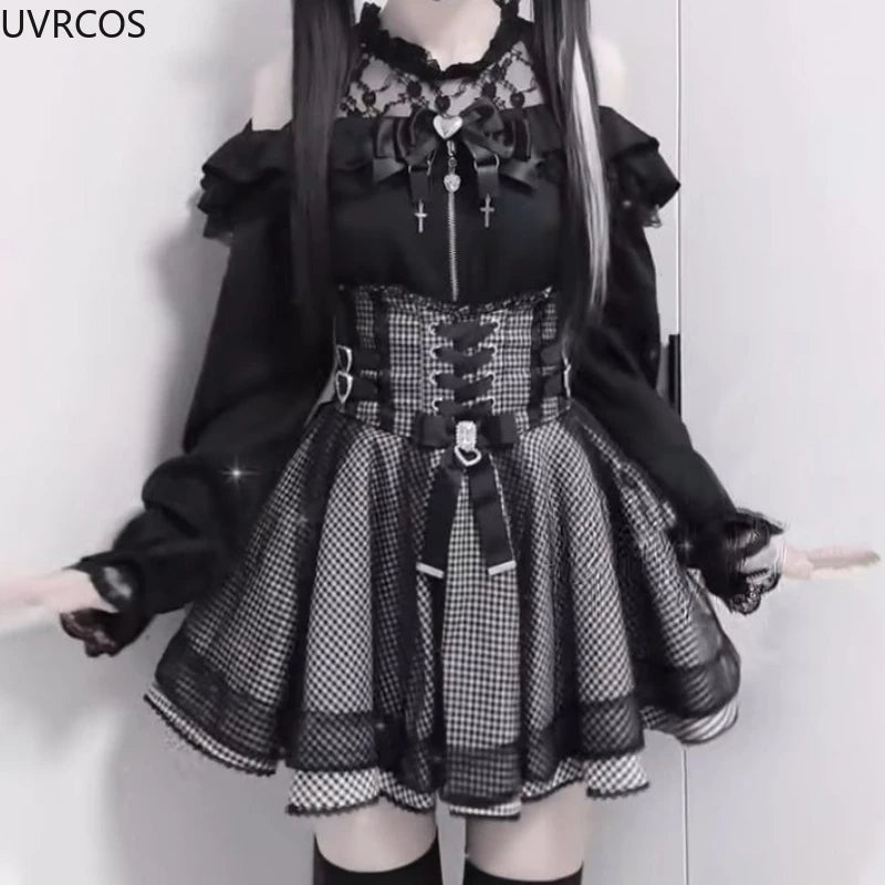 Gothic Y2K Lolita Skirt Set – Lace Off-Shoulder Top & Plaid Skirt