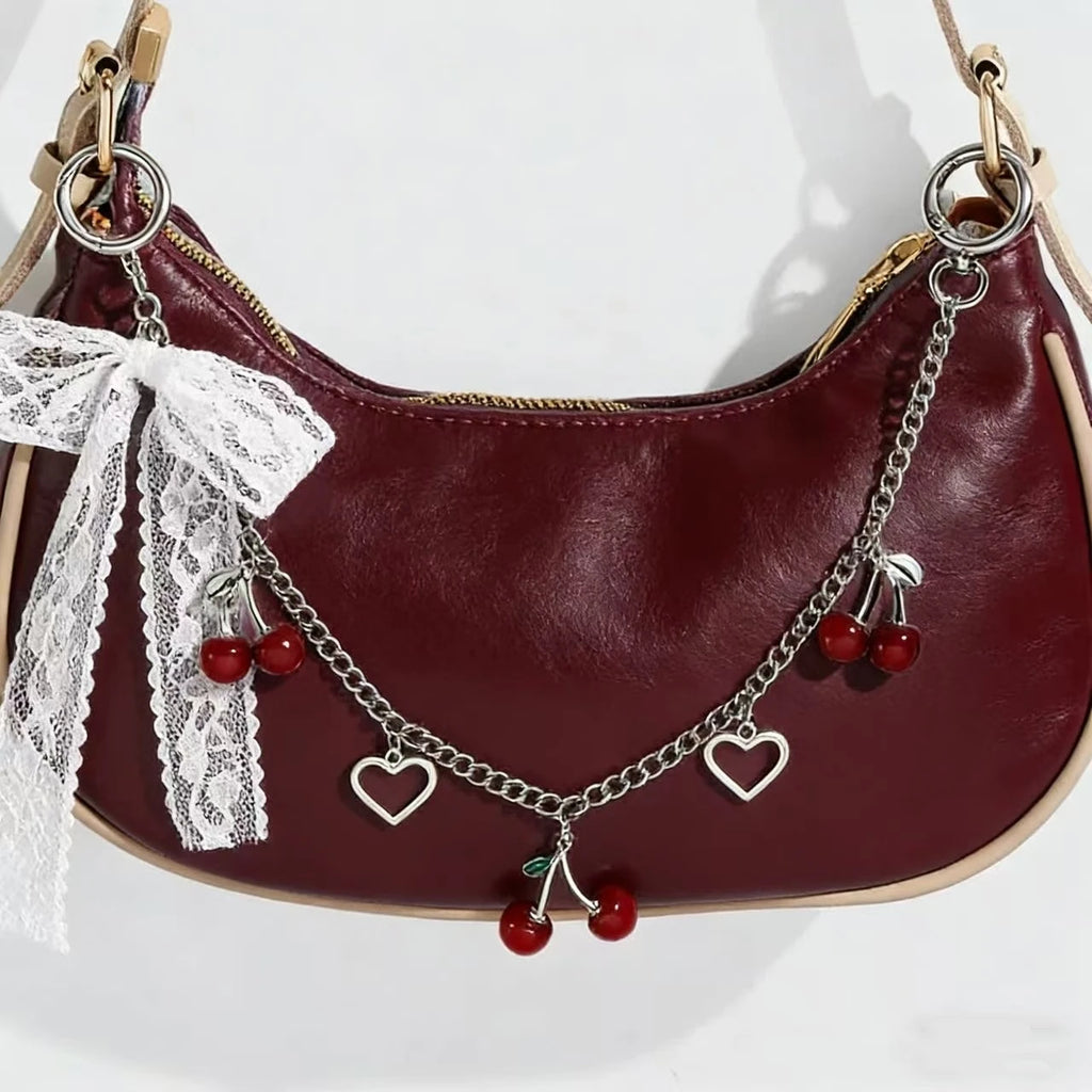 Y2K Cherry Bag Chain with Lace Bow, Heart Charm Metal Purse Strap, Aesthetic Bag Accessory for Women Girls