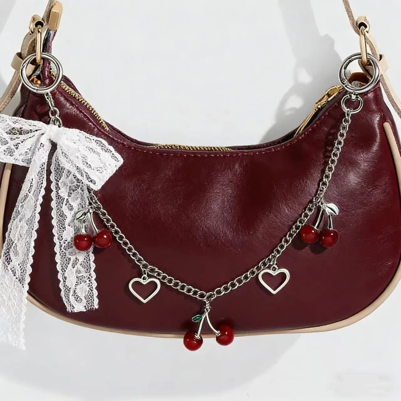 Y2K Cherry Bag Chain with Lace Bow, Heart Charm Metal Purse Strap, Aesthetic Bag Accessory for Women Girls