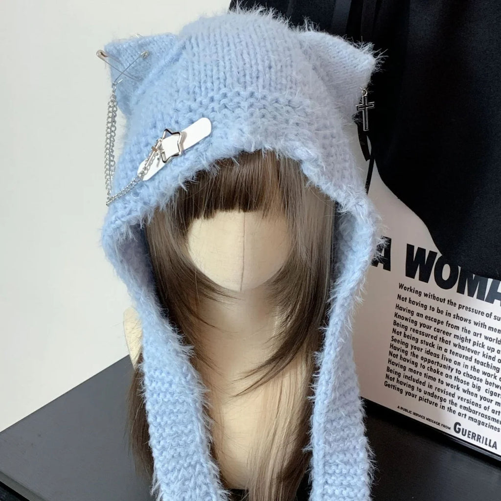 Fuzzy Cat Ear Hood Hat with Charms & Chain
