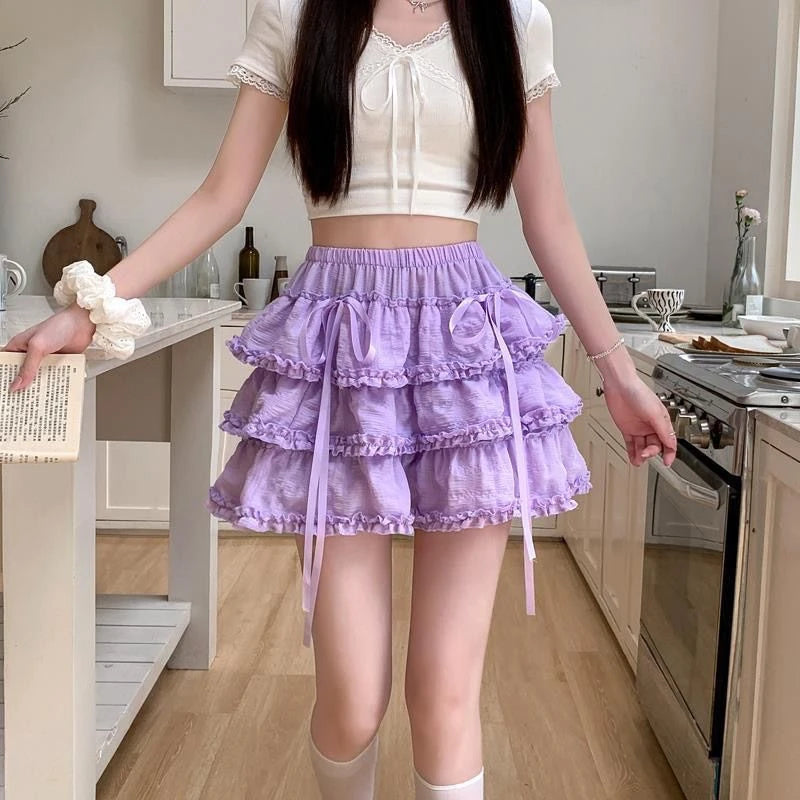 Tiered Ruffle Cake Mini Skirt with Ribbon Ties