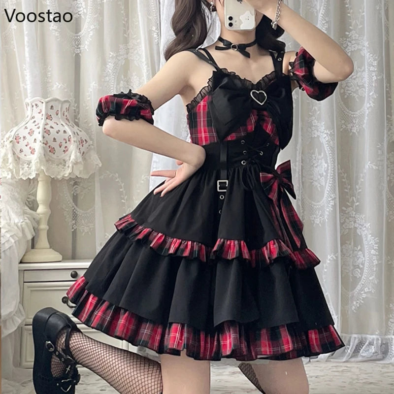 Gothic Punk Lolita JSK Dress – Victorian Plaid Bow Mini Dress