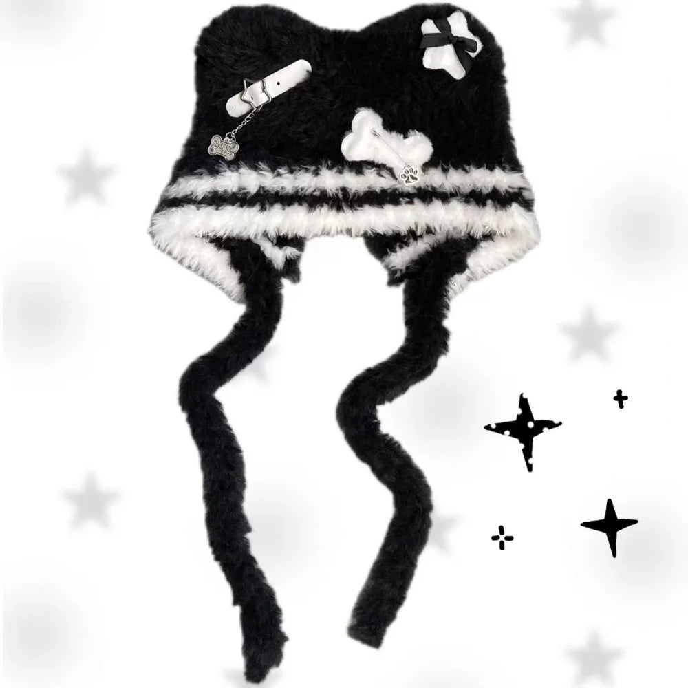 Fuzzy Bear Ear Hat with Chains & Cross