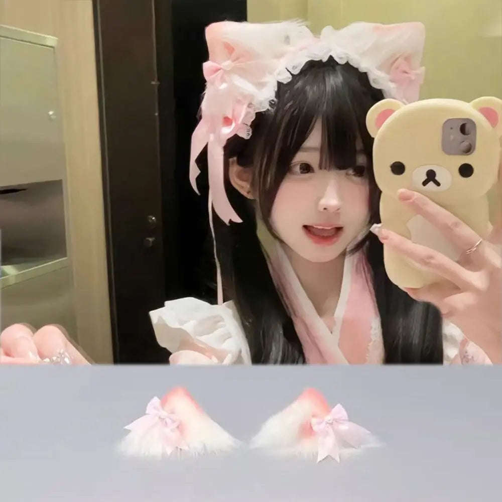 New Lolita Cat Ears Headband Bow Lace Head Wrap Cosplay Headdress Hair Accessories